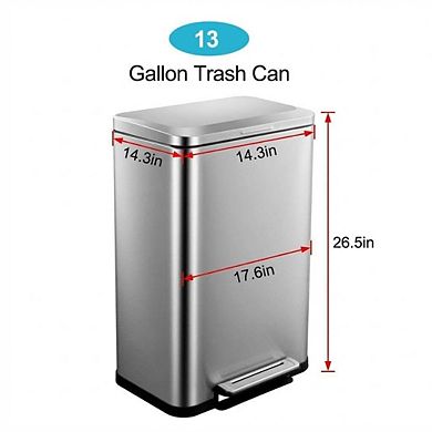 13 Gallon Stainless Steel Step Trash Can 2-Pack with Lid & Removable Inner Bucket for Home & Office