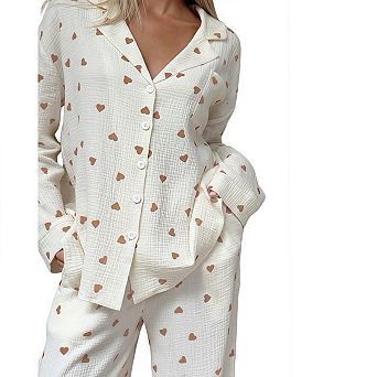 Ladies Heart Pattern Pajama Set Long Sleeve Loose Fit Sleepwear Loungewear Two Piece