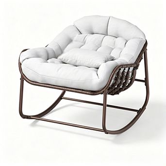 Outdoor Papasan Rocking Chair,Oversized Wicker Lounge Chair with Cushion,Patio Rattan Egg Rocker