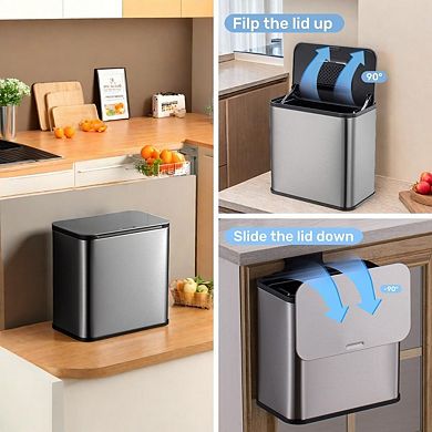 Odor Control Stainless Steel Hanging Trash Can with Lid, Removable Inner Bucket & Charcoal Filter