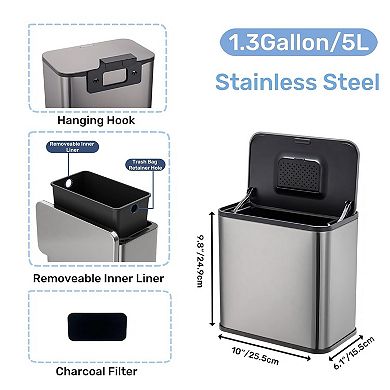Odor Control Stainless Steel Hanging Trash Can with Lid, Removable Inner Bucket & Charcoal Filter