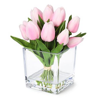 Artificial Tulip Arrangement in Glass Vase with Faux Water, 12-Head Tabletop Decor