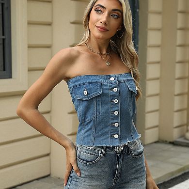 Women's Strapless Denim Corset Top Button Front Bustier Vest, Sleeveless Jean Crop Tube Top