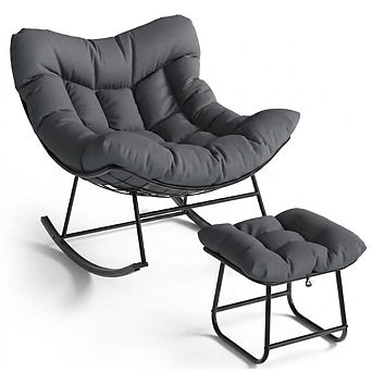 Outdoor Oversized Papasan Rocking Chair With Footrest, Patio Lounge Chair With Ottoman,Metal Frame
