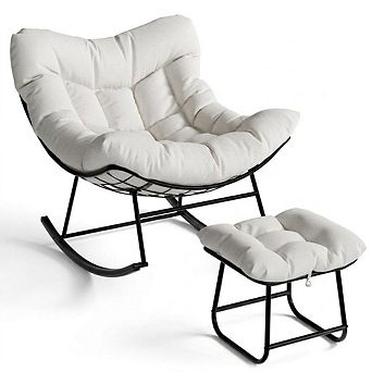 Outdoor Oversized Papasan Rocking Chair With Footrest, Patio Lounge Chair With Ottoman,Metal Frame