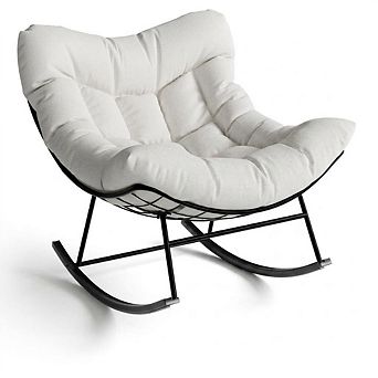 Outdoor Papasan Rocking Chair,Oversized Wicker Lounge Chair with Cushion,Patio Rattan Egg Rocker