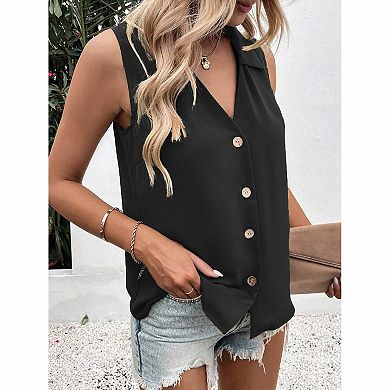 Women's Collared Sleeveless Button Front Blouse