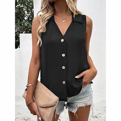 Women's Collared Sleeveless Button Front Blouse