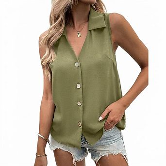 Women's Collared Sleeveless Button Front Blouse