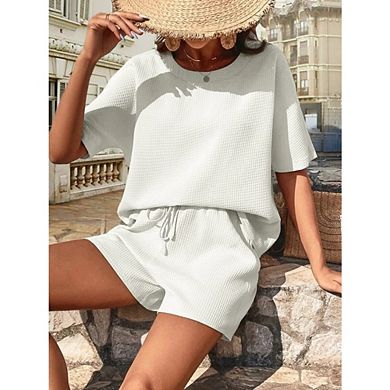 Women's Waffle Knit 2 Piece Outfit Short Sleeve Top Drawstring Shorts Loungewear Set