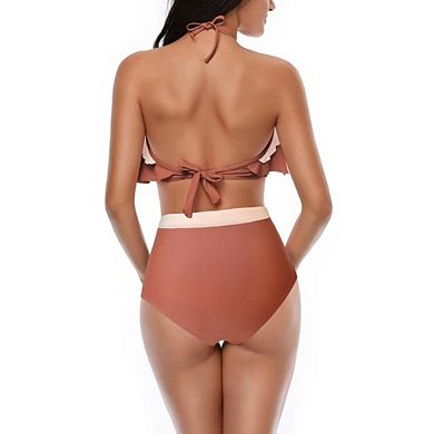 Women's Ruffle Halter High Waisted Bikini, Two Piece Color Block Swimsuit with Tummy Control Bottom