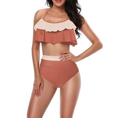 Women's Ruffle Halter High Waisted Bikini, Two Piece Color Block Swimsuit with Tummy Control Bottom