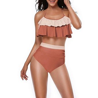 Women's Ruffle Halter High Waisted Bikini, Two Piece Color Block Swimsuit with Tummy Control Bottom
