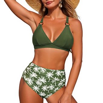 Women's Print Bikini Set Ring Detail Top Strappy Tie Back High Waisted Pants Sets