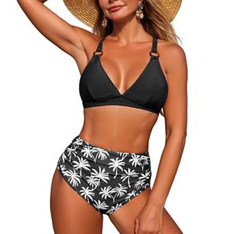 Women's Print Bikini Set Ring Detail Top Strappy Tie Back High Waisted Pants Sets