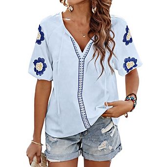 Women's 3/4 Sleeve Tops Floral Embroidered Peasant BlouseV Neck Boho Casual Shirt