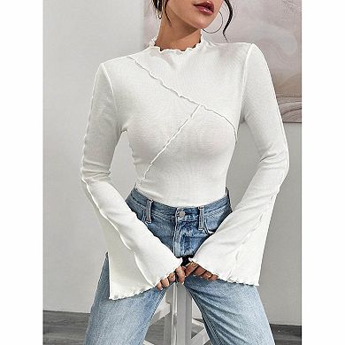 Women's Ruffle Trim Long Sleeve Ribbed Top