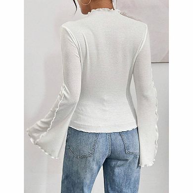 Women's Ruffle Trim Long Sleeve Ribbed Top
