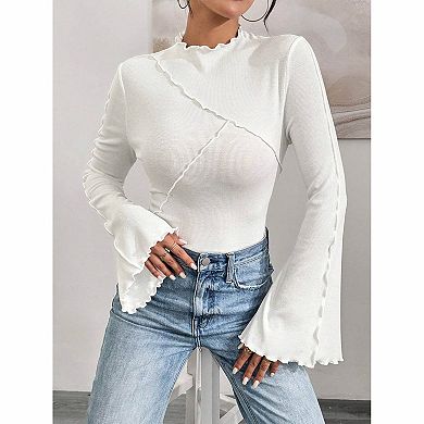 Women's Ruffle Trim Long Sleeve Ribbed Top