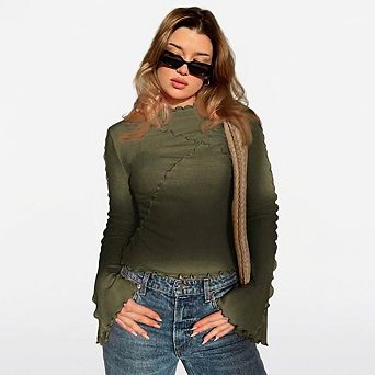 Women's Ruffle Trim Long Sleeve Ribbed Top