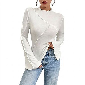 Women's Ruffle Trim Long Sleeve Ribbed Top