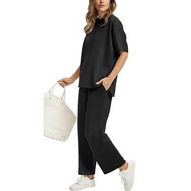 Women's 2-Piece Loungewear Set Short Sleeve Top Drawstring Wide Leg Pants