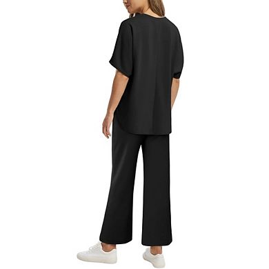 Women's 2-Piece Loungewear Set Short Sleeve Top Drawstring Wide Leg Pants