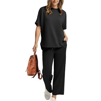 Women's 2-Piece Loungewear Set Short Sleeve Top Drawstring Wide Leg Pants
