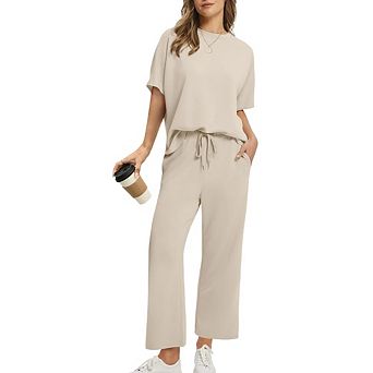 Women's 2 pc Loungewear Set Short Sleeve Top Drawstring Wide Leg Pants
