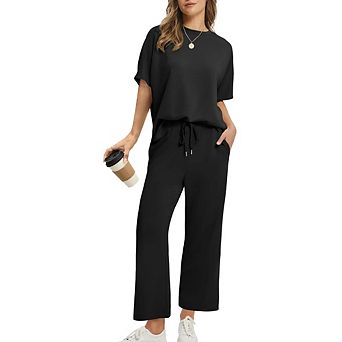 Women's 2 pc Loungewear Set Short Sleeve Top Drawstring Wide Leg Pants