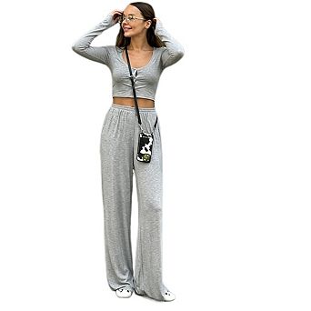 Women's 2 pc Matching Cropped Cardigan Long Sleeve U Neck Top High Waisted Wide Leg Casual Pants