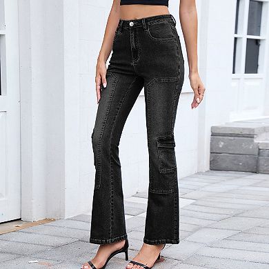 Women's Mid-Rise Cargo Bootcut Jeans Washed Stretch Slim Fit Denim Pants with Pockets