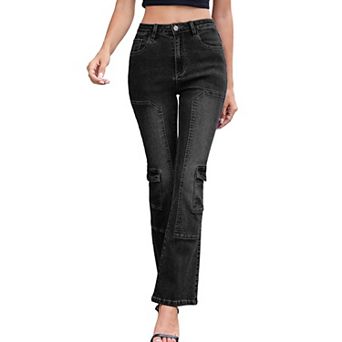 Women's Mid-Rise Cargo Bootcut Jeans Washed Stretch Slim Fit Denim Pants with Pockets