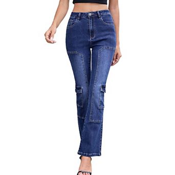 Women's Mid-Rise Cargo Bootcut Jeans Washed Stretch Slim Fit Denim Pants with Pockets