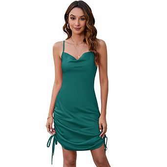 Women Cowl Neck Slip Mini Dress, Adjustable Spaghetti Strap Bodycon Ruched Drawstring Party Dress
