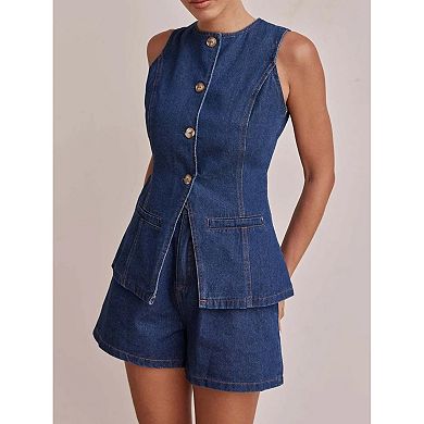 Women's Fitted Denim Vest Top Sleeveless Button Tailored Waistcoat with Pockets
