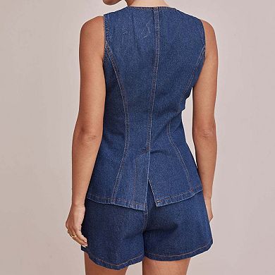 Women's Fitted Denim Vest Top Sleeveless Button Tailored Waistcoat with Pockets