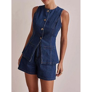 Women's Fitted Denim Vest Top Sleeveless Button Tailored Waistcoat with Pockets