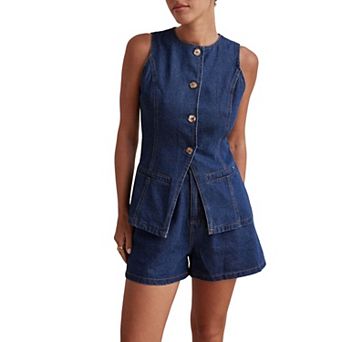 Women's Fitted Denim Vest Top Sleeveless Button Tailored Waistcoat with Pockets