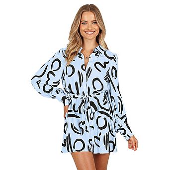 Women Print Shirt Dress,Long Puff Sleeve Lapel Collar Button Down Mini Dress, Casual Tie Waist Dress