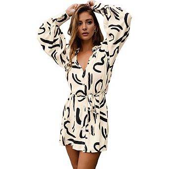 Women Print Shirt Dress,Long Puff Sleeve Lapel Collar Button Down Mini Dress, Casual Tie Waist Dress