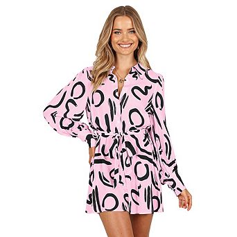 Women Print Shirt Dress,Long Puff Sleeve Lapel Collar Button Down Mini Dress, Casual Tie Waist Dress