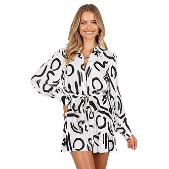 Women Print Shirt Dress,Long Puff Sleeve Lapel Collar Button Down Mini Dress, Casual Tie Waist Dress