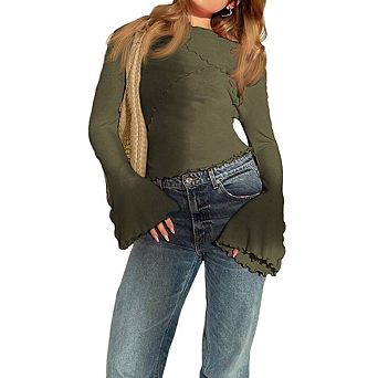 Women Ribbed Mock Neck Bell Sleeve Top Form-Fitting Lettuce Trim Blouse
