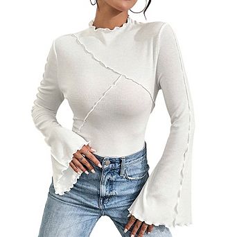 Women Ribbed Mock Neck Bell Sleeve Top Form-Fitting Lettuce Trim Blouse
