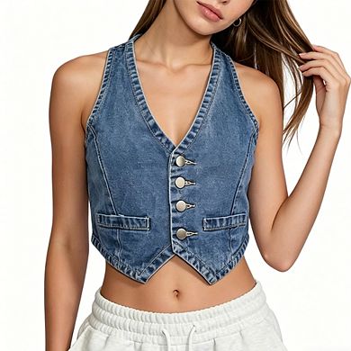 Women's Cropped Denim Vest V-Neck Sleeveless Button Down Vest Top