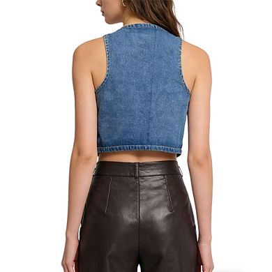 Women's Cropped Denim Vest V-Neck Sleeveless Button Down Vest Top