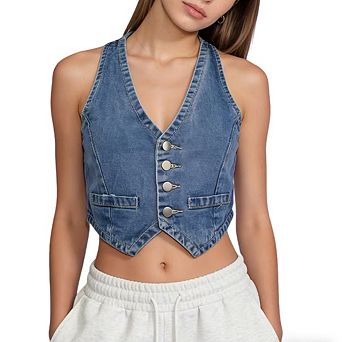 Women's Cropped Denim Vest V-Neck Sleeveless Button Down Vest Top