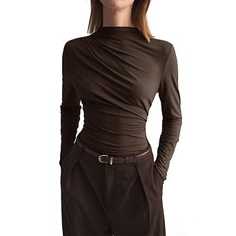 Women's Ruched Long Sleeve Top Mock Neck Draped Form-Fitting Casual Blouse
