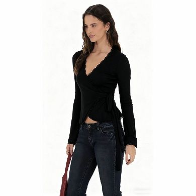 Women's Lace Trim Wrap Waist Tie Long Sleeve Top
